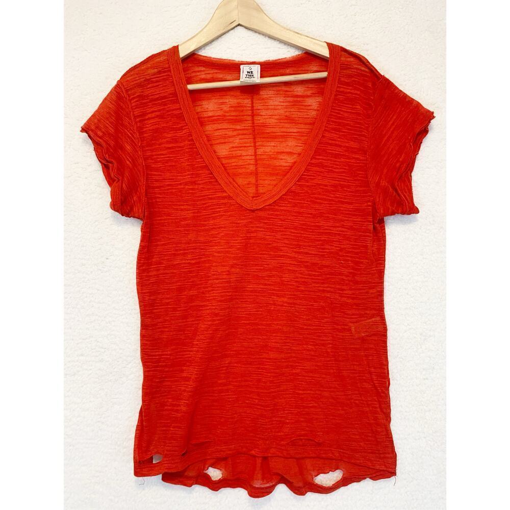 We the Free Distressed V Neck T Shirt Womens Large Red Sheer Lightweight Casual